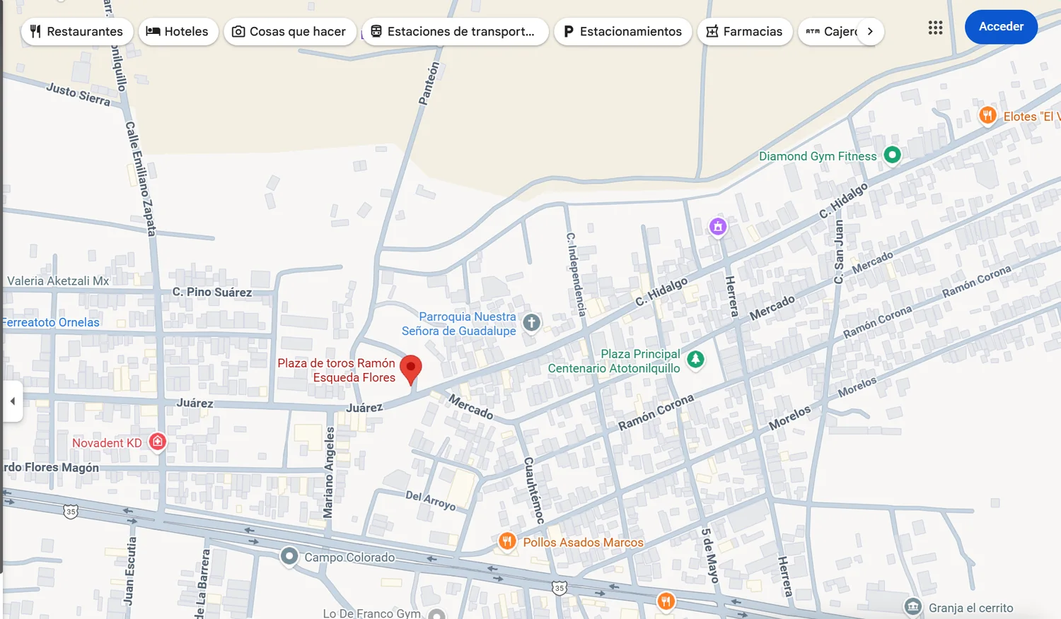 Mapa de Atotonilquillo con la Plaza de Toros y la Plaza Principal